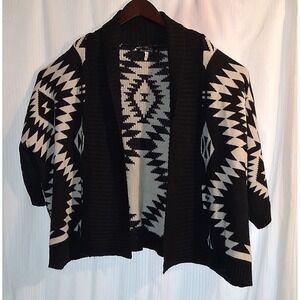 36 POINTS Black White Geometric Aztec Print Open Front Cardigan Sweater Womens L